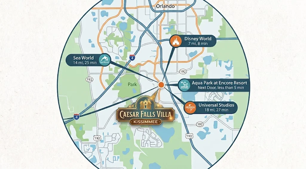 Map showing Caesar Falls Villa in Kissimmee and driving distances to Disney World, SeaWorld, Universal Studios and the Encore Aqua Park